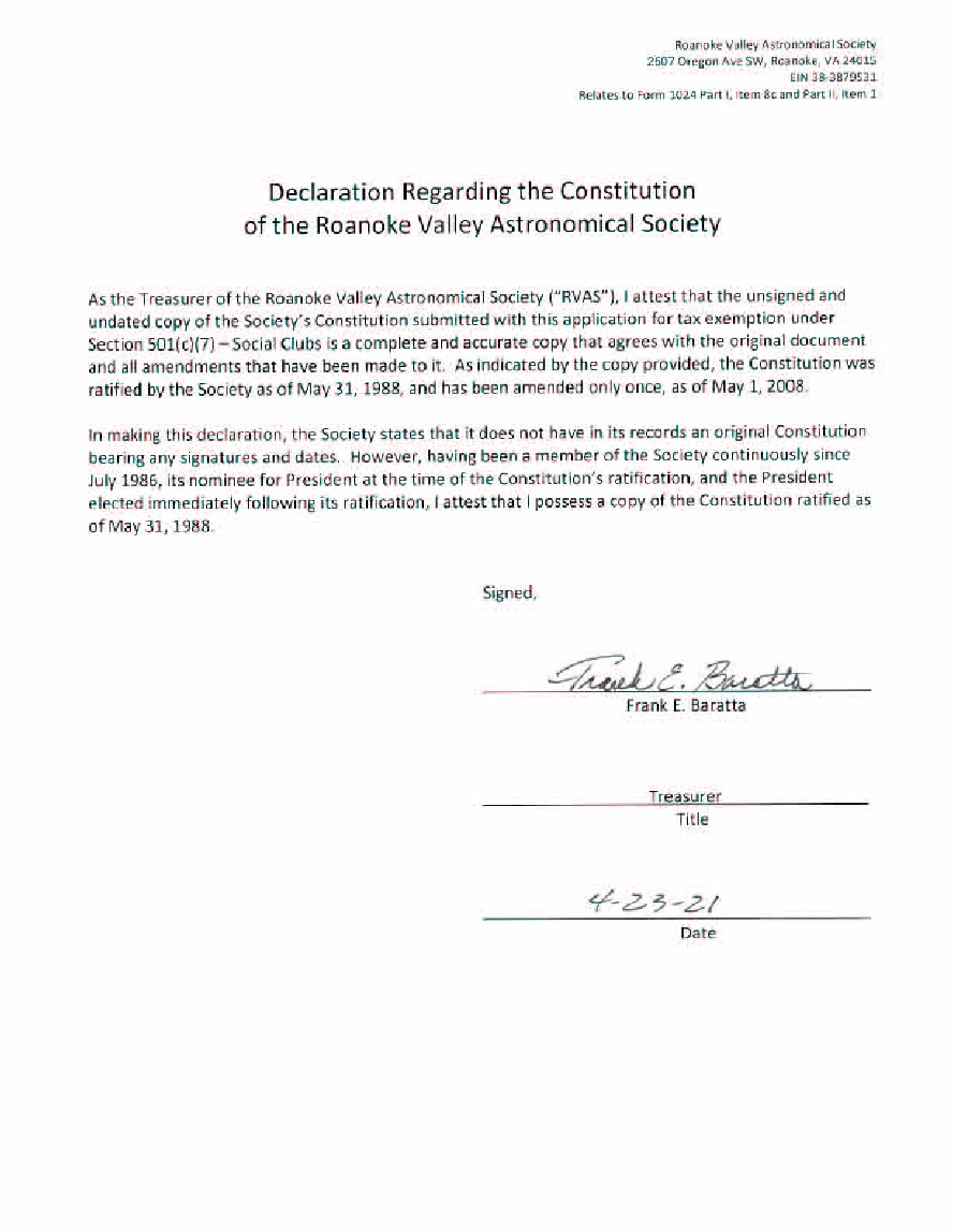 Declaration Regarding the RVAS Constitution